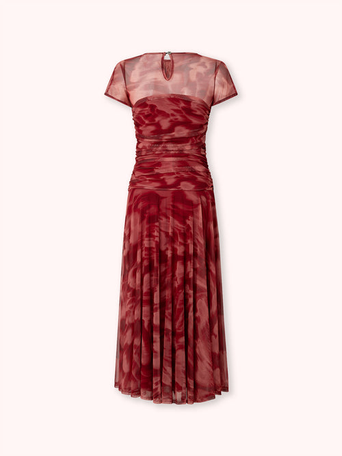 VESTIDO DRAPEADO DE TUL ESTAMPADO ROJO