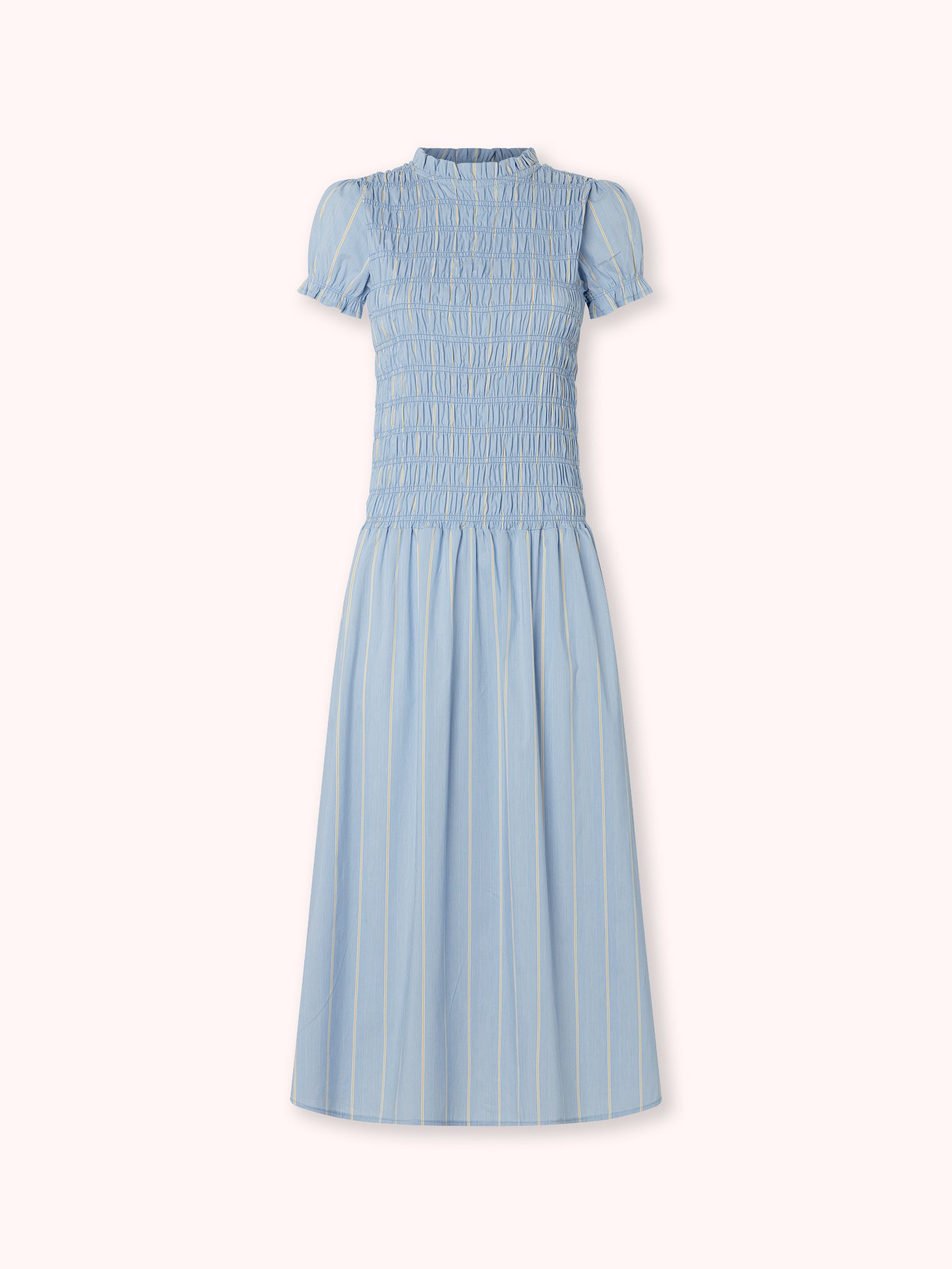 VESTIDO LARGO FRUNCIDO DE RAYAS AZUL