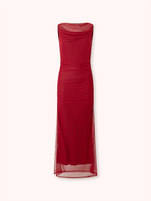 VESTIDO DE TUL CON ESCOTE DRAPEADO GRANATE