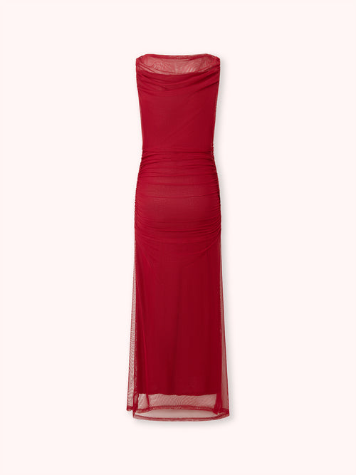 VESTIDO DE TUL CON ESCOTE DRAPEADO GRANATE