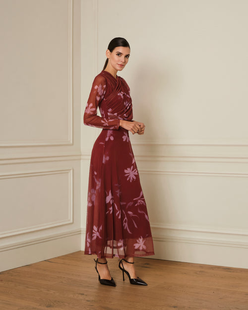 VESTIDO MANGA LARGA CON ESTAMPADO FLORAL ROJO