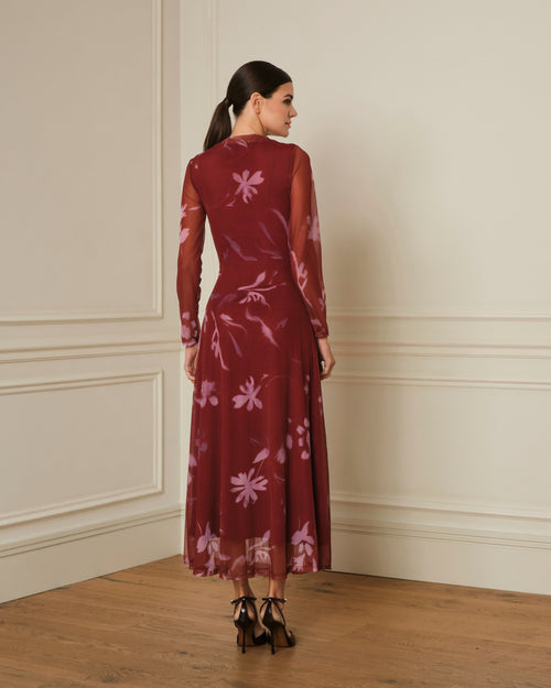 VESTIDO MANGA LARGA CON ESTAMPADO FLORAL ROJO