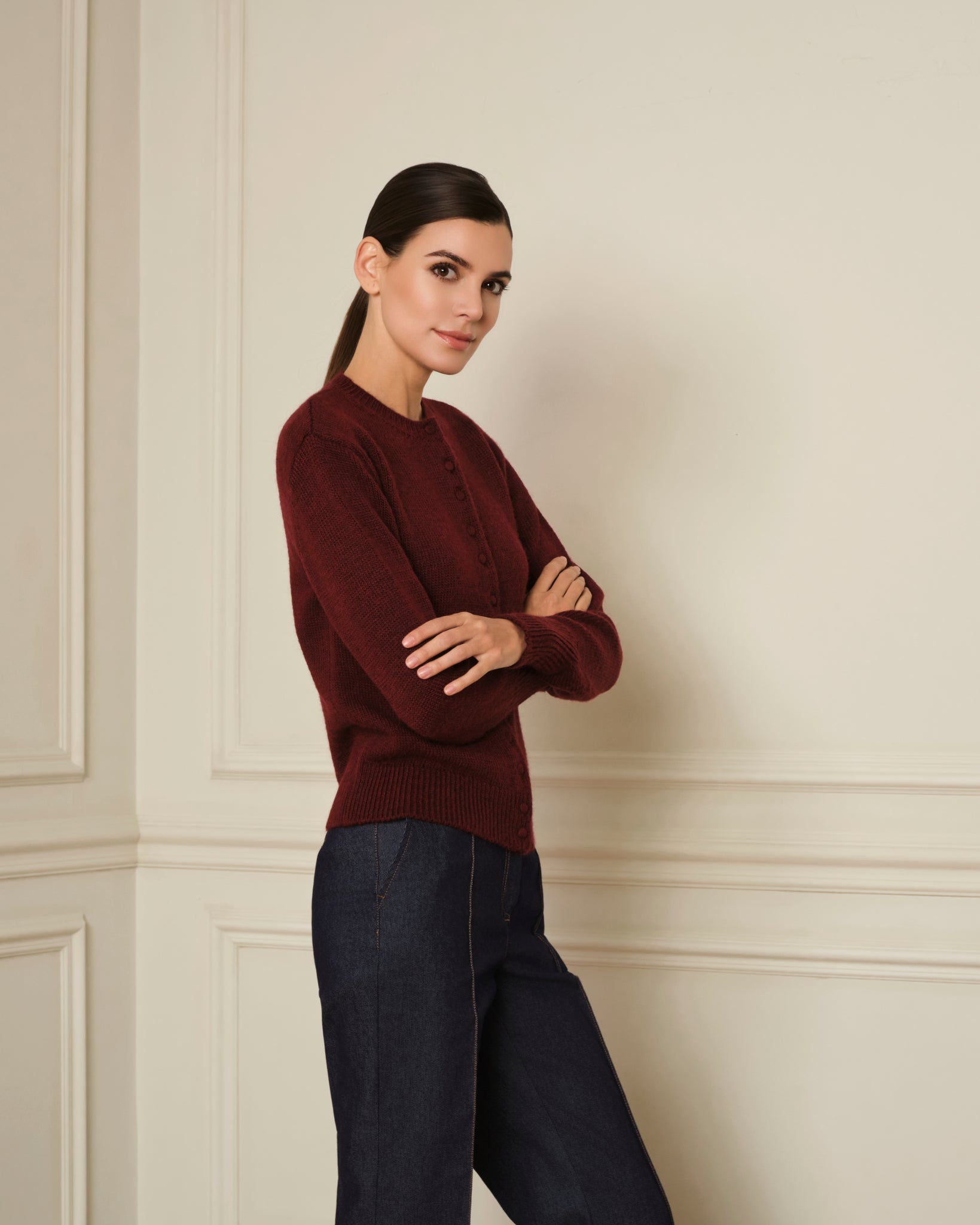 CÁRDIGAN DE BOTONES FORRADOS GRANATE