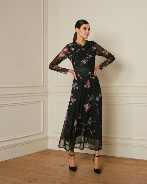 VESTIDO MANGA LARGA CON ESTAMPADO FLORAL VERDE