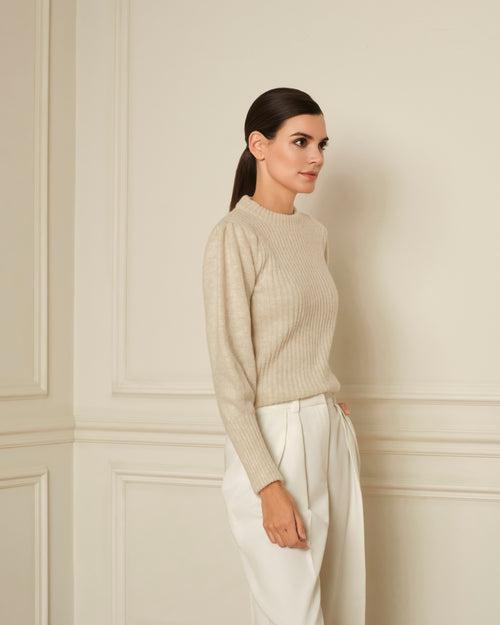 SUÉTER DE PUNTO CON MANGA ABULLONADA FRUNCIDA CRUDO