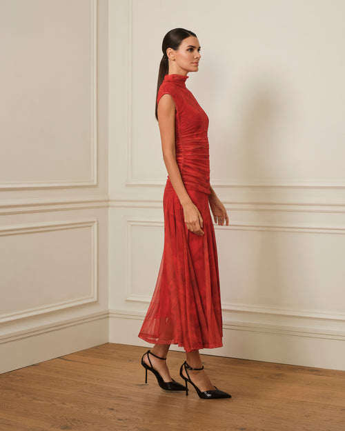 VESTIDO DRAPEADO DE TUL ESTAMPADO ROJO