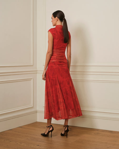 VESTIDO DRAPEADO DE TUL ESTAMPADO ROJO