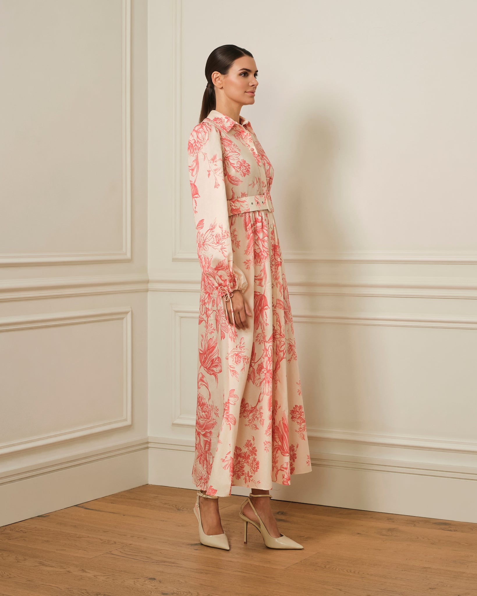 VESTIDO CAMISERO CON CINTURÓN ESTAMPADO ROSA