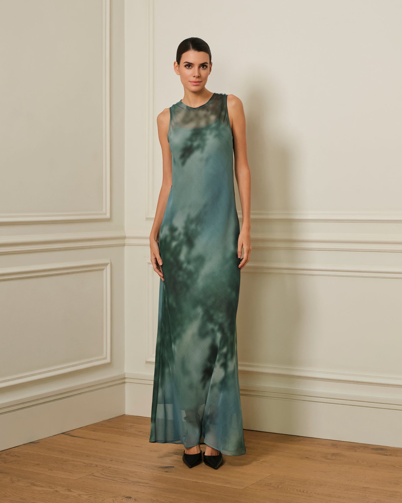 VESTIDO LARGO GASA CON ESTAMPADO VERDE