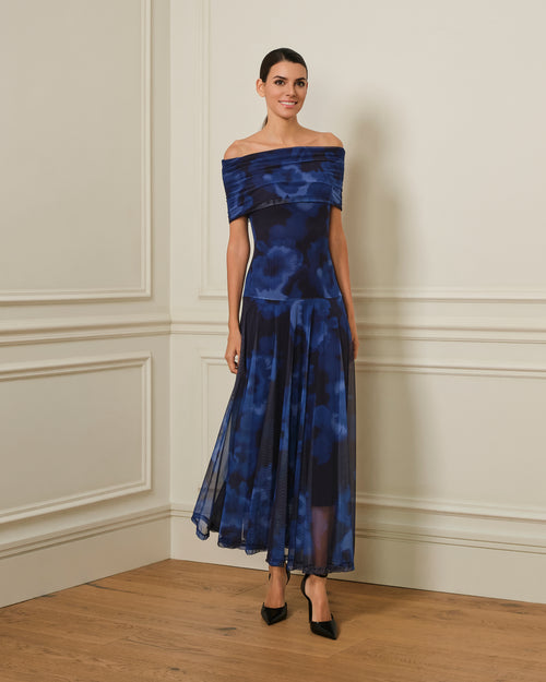 VESTIDO OFF SHOULDER DE TUL AZUL MARINO