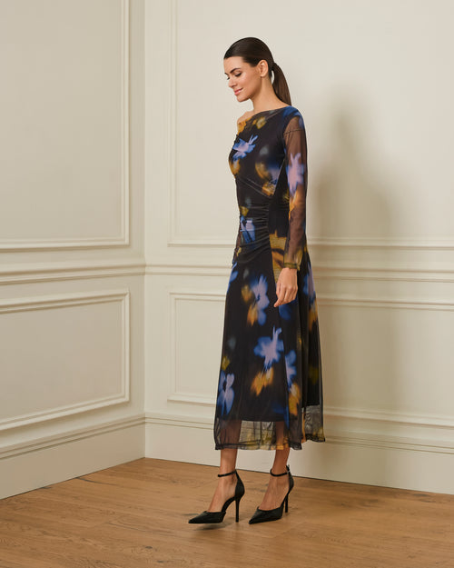 VESTIDO MANGA LARGA DRAPEADO CON ESTAMPADO