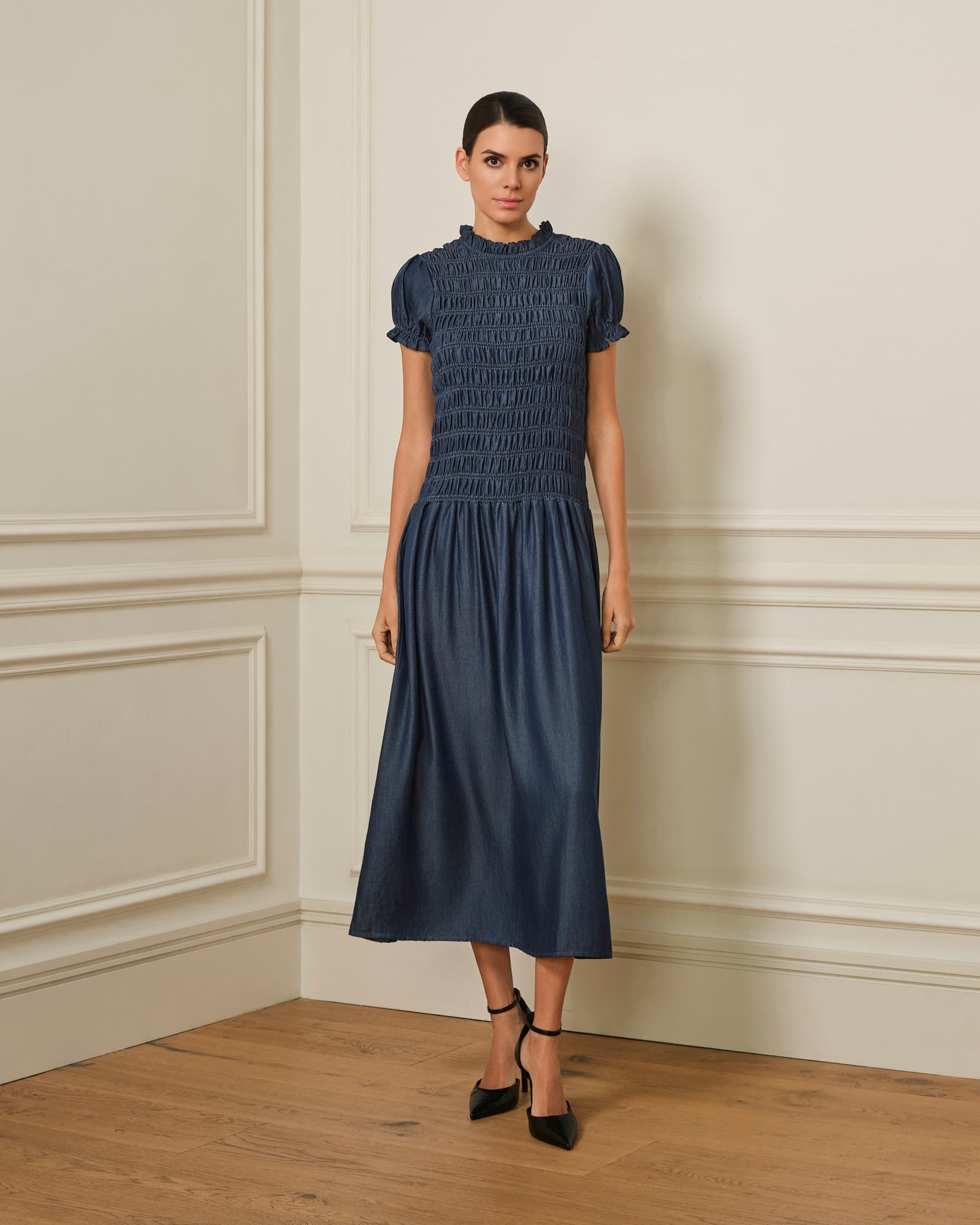 VESTIDO LARGO FRUNCIDO DENIM