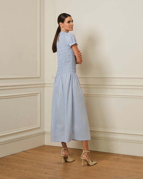 VESTIDO LARGO FRUNCIDO DE RAYAS AZUL