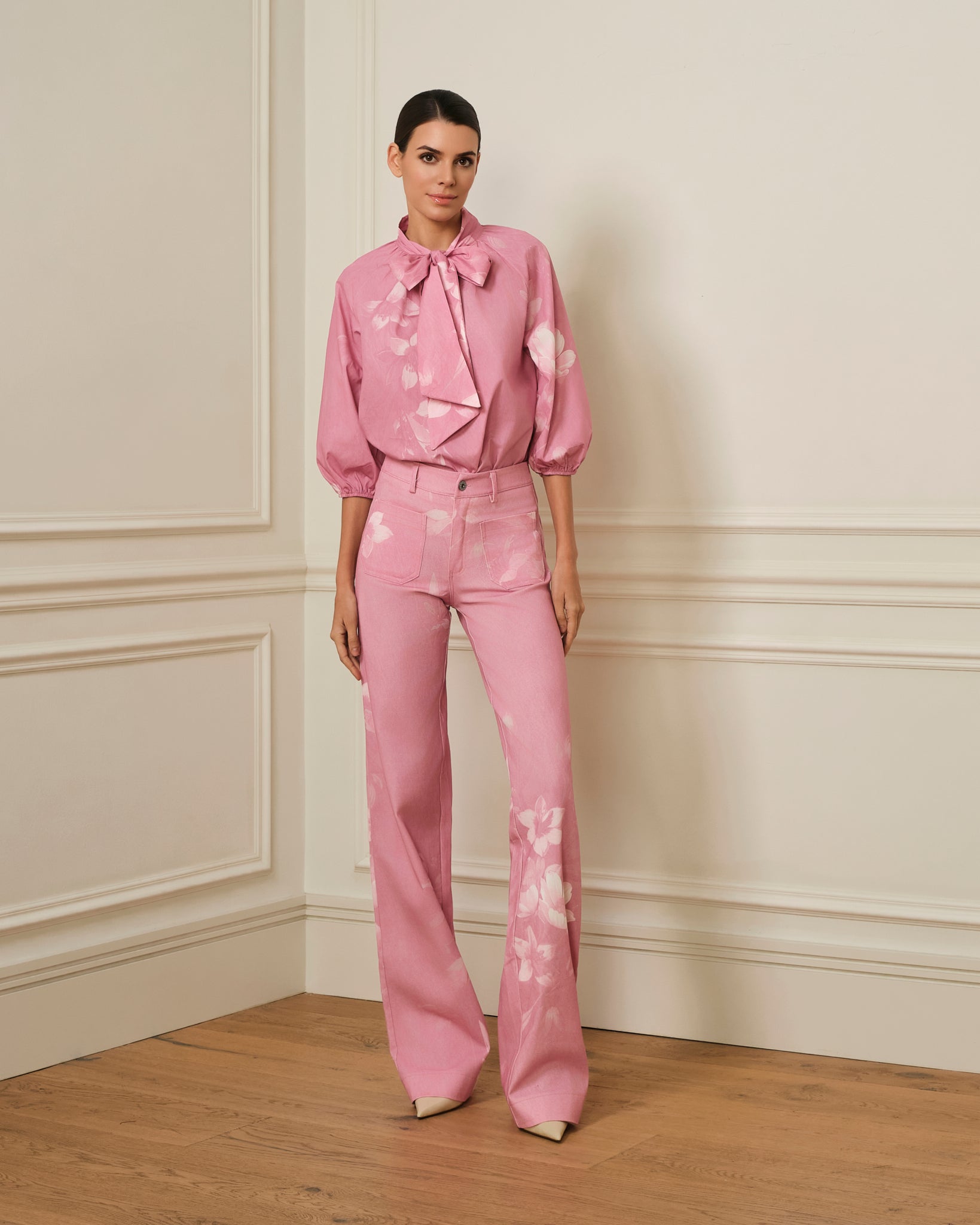 BLUSA MANGA ABULLONADA CON ESTAMPADO FLORAL ROSA