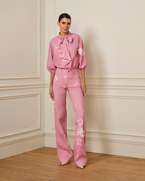 BLUSA MANGA ABULLONADA CON ESTAMPADO FLORAL ROSA