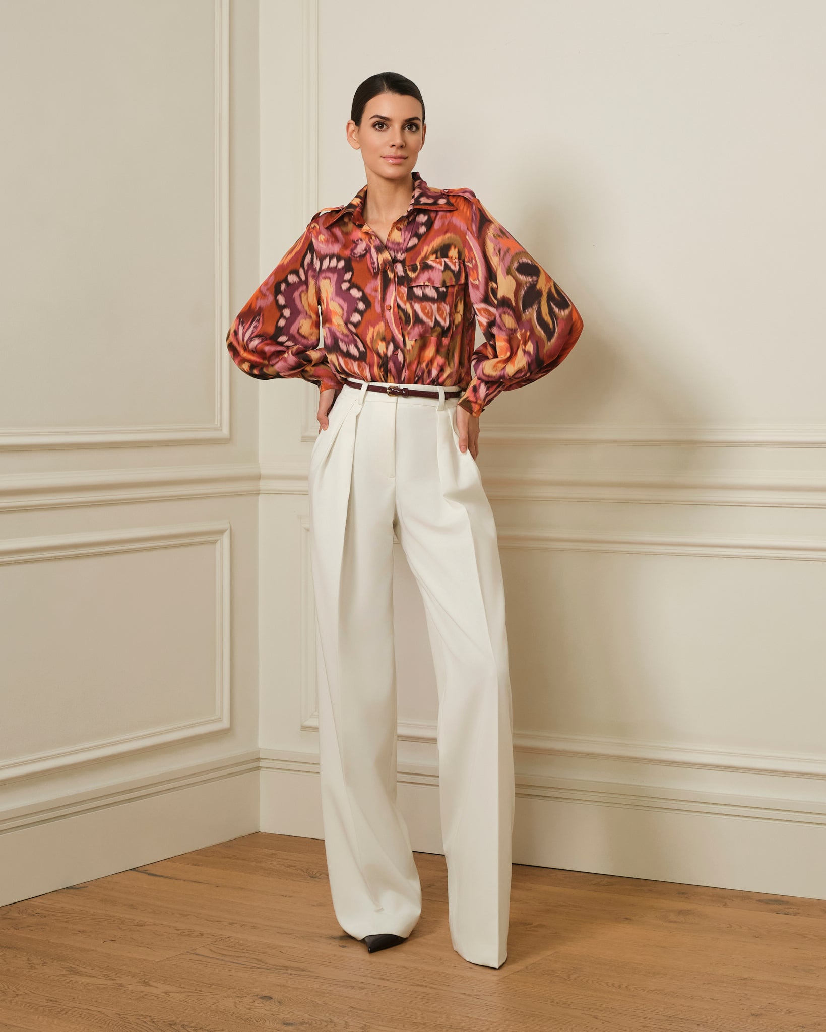 CAMISA MANGA ABULLONADA CON ESTAMPADO IKAT