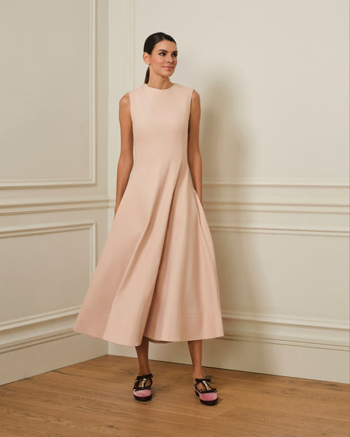 VESTIDO MIDI DENIM CON COSTURAS VISTAS ROSA