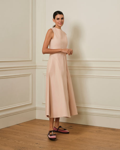 VESTIDO MIDI DENIM CON COSTURAS VISTAS ROSA