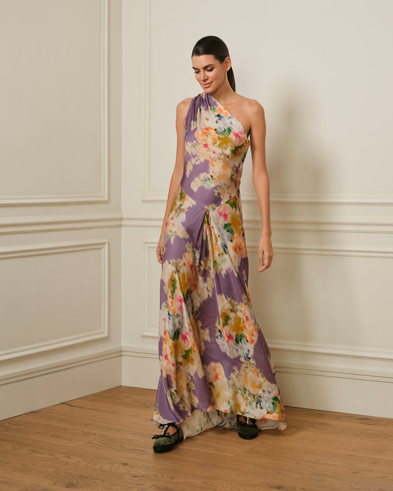 VESTIDO ASIMETRICO LILA ESTAMPADO FLORAL