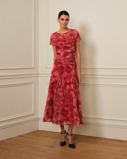 VESTIDO DRAPEADO DE TUL ESTAMPADO ROJO