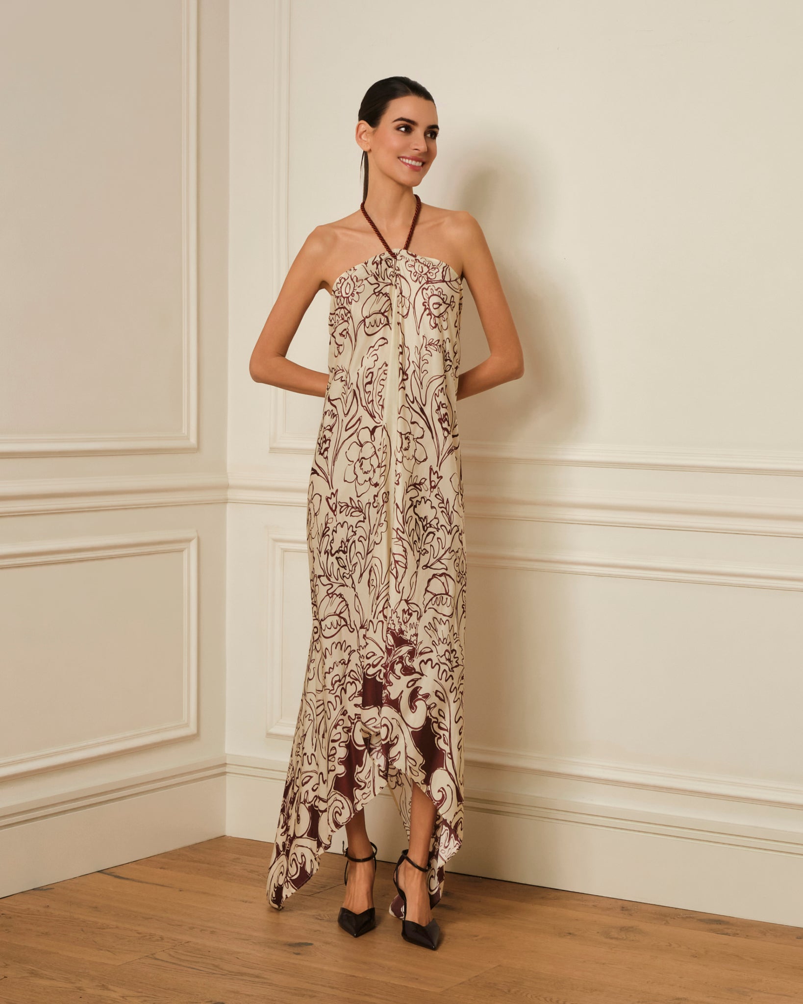 VESTIDO HALTER ASIMETRICO ESTAMPADO CRUDO
