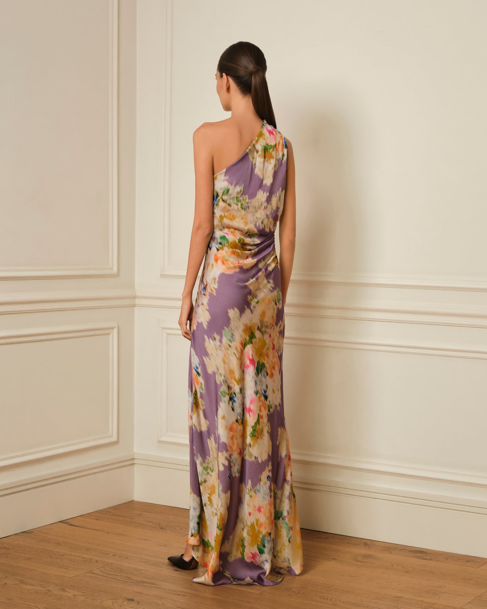 VESTIDO ASIMETRICO LILA ESTAMPADO FLORAL