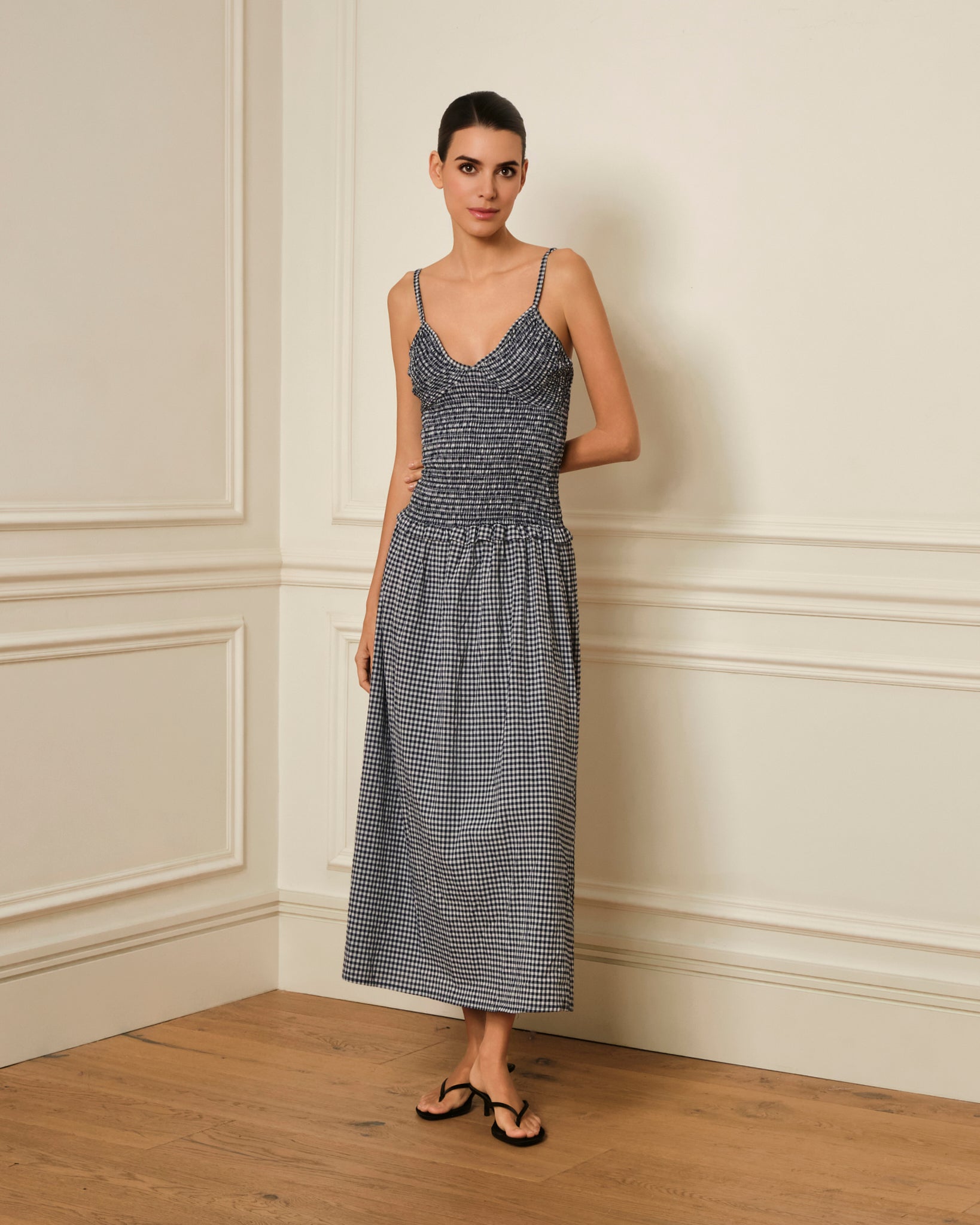 VESTIDO DE TIRANTES CON ESTAMPADO DE VICHY AZUL MARINO