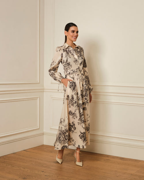 VESTIDO CAMISERO CON CINTURÓN ESTAMPADO NEGRO