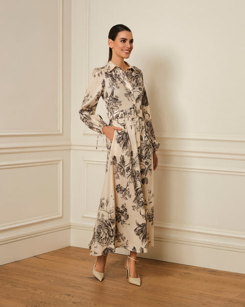 VESTIDO CAMISERO CON CINTURÓN ESTAMPADO NEGRO