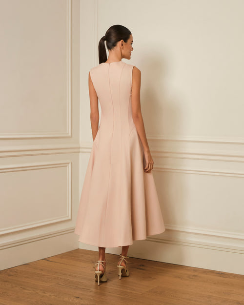 VESTIDO MIDI DENIM CON COSTURAS VISTAS ROSA