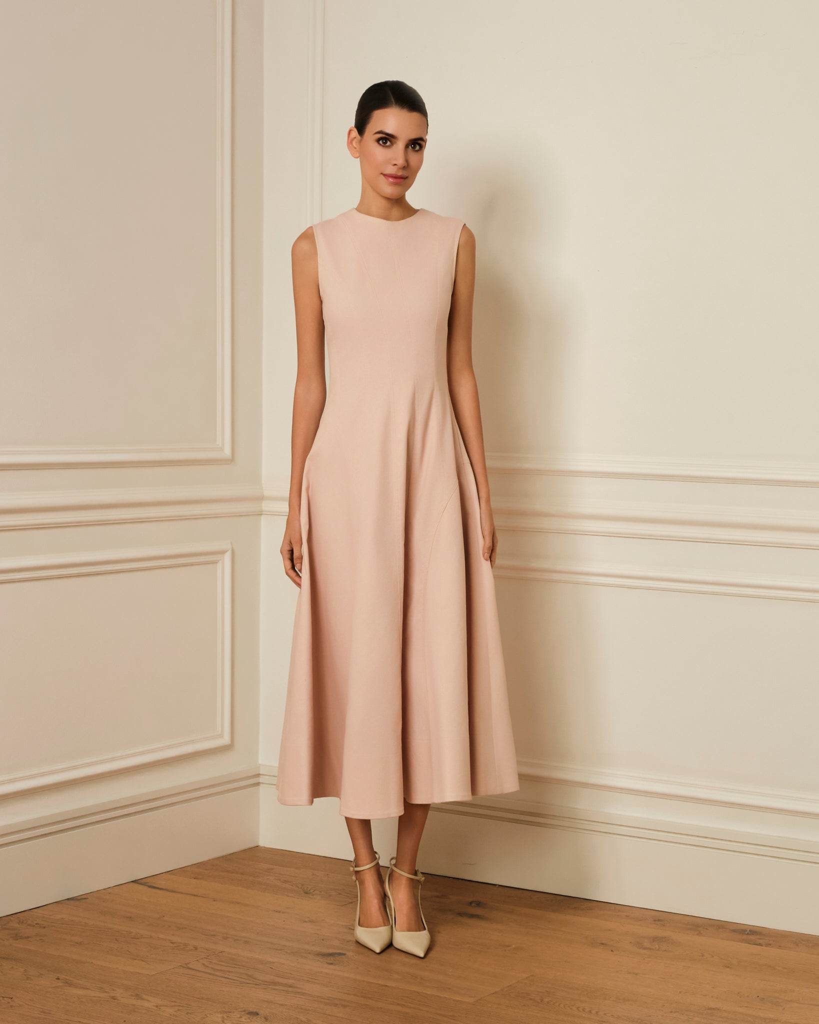 VESTIDO MIDI DENIM CON COSTURAS VISTAS ROSA