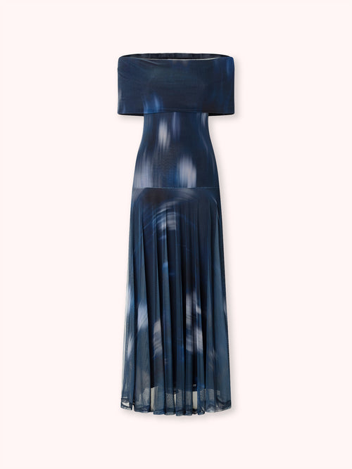 VESTIDO OFF SHOULDER DE TUL ESTAMPADO AZUL MARINO