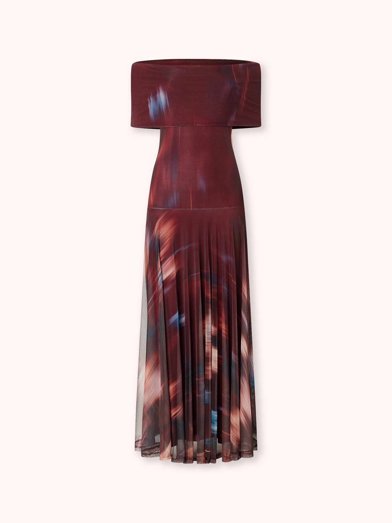VESTIDO OFF SHOULDER DE TUL ESTAMPADO BURDEOS