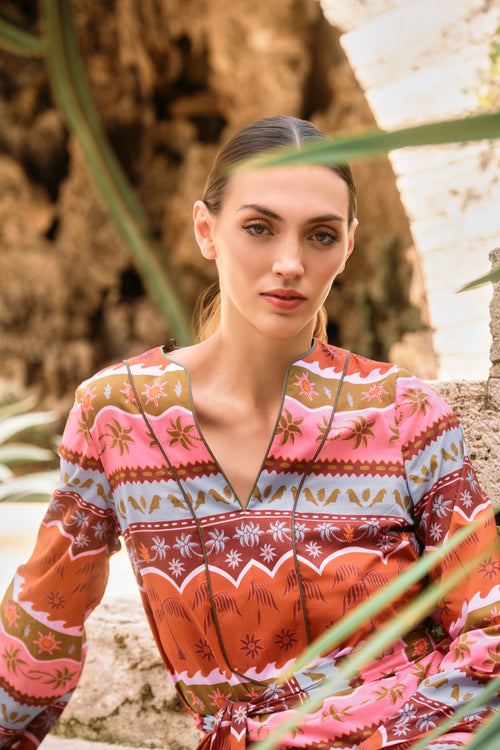 KAFTÁN ESTAMPADO NARANJA TROPICAL VEDHA