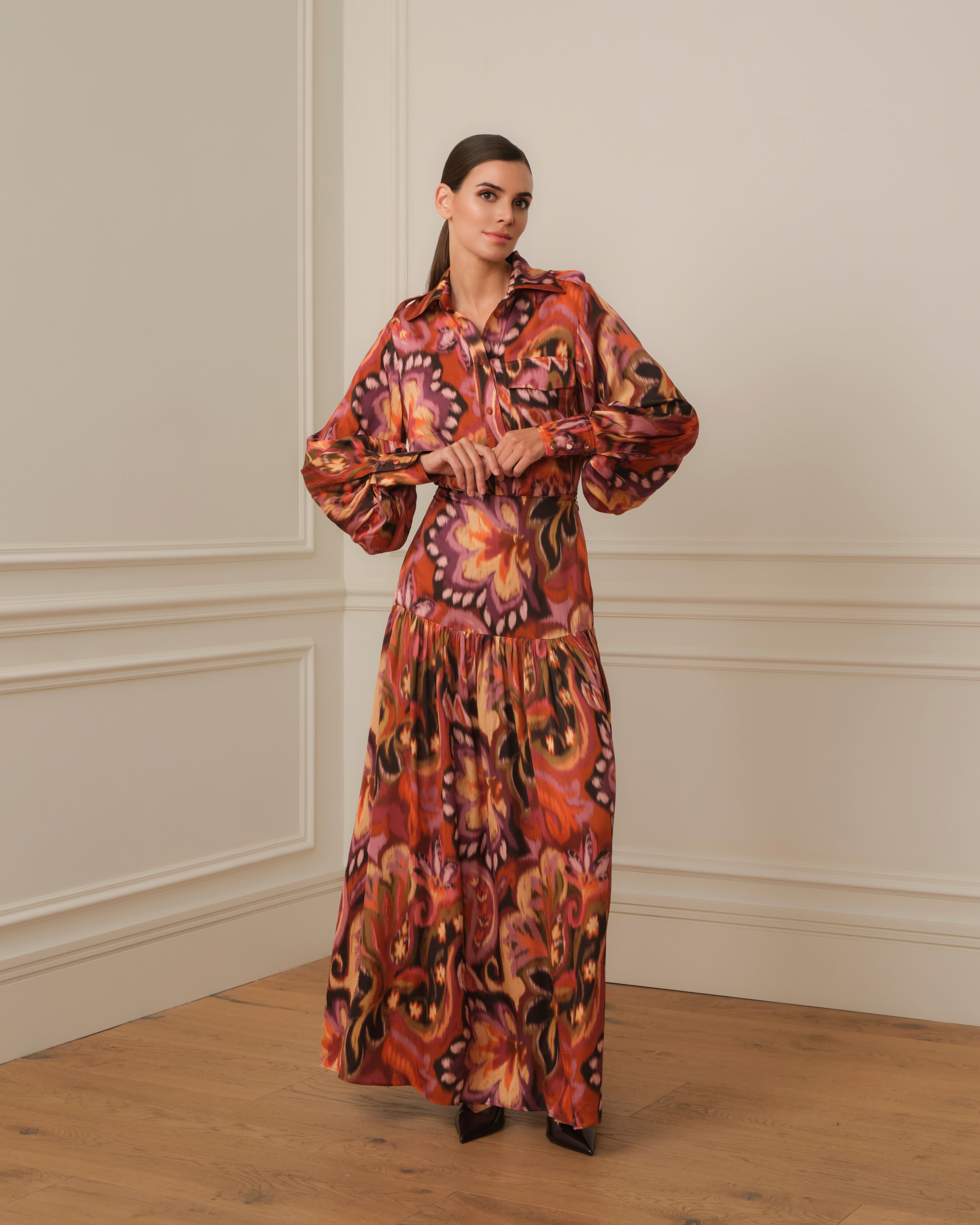 CAMISA MANGA ABULLONADA CON ESTAMPADO IKAT