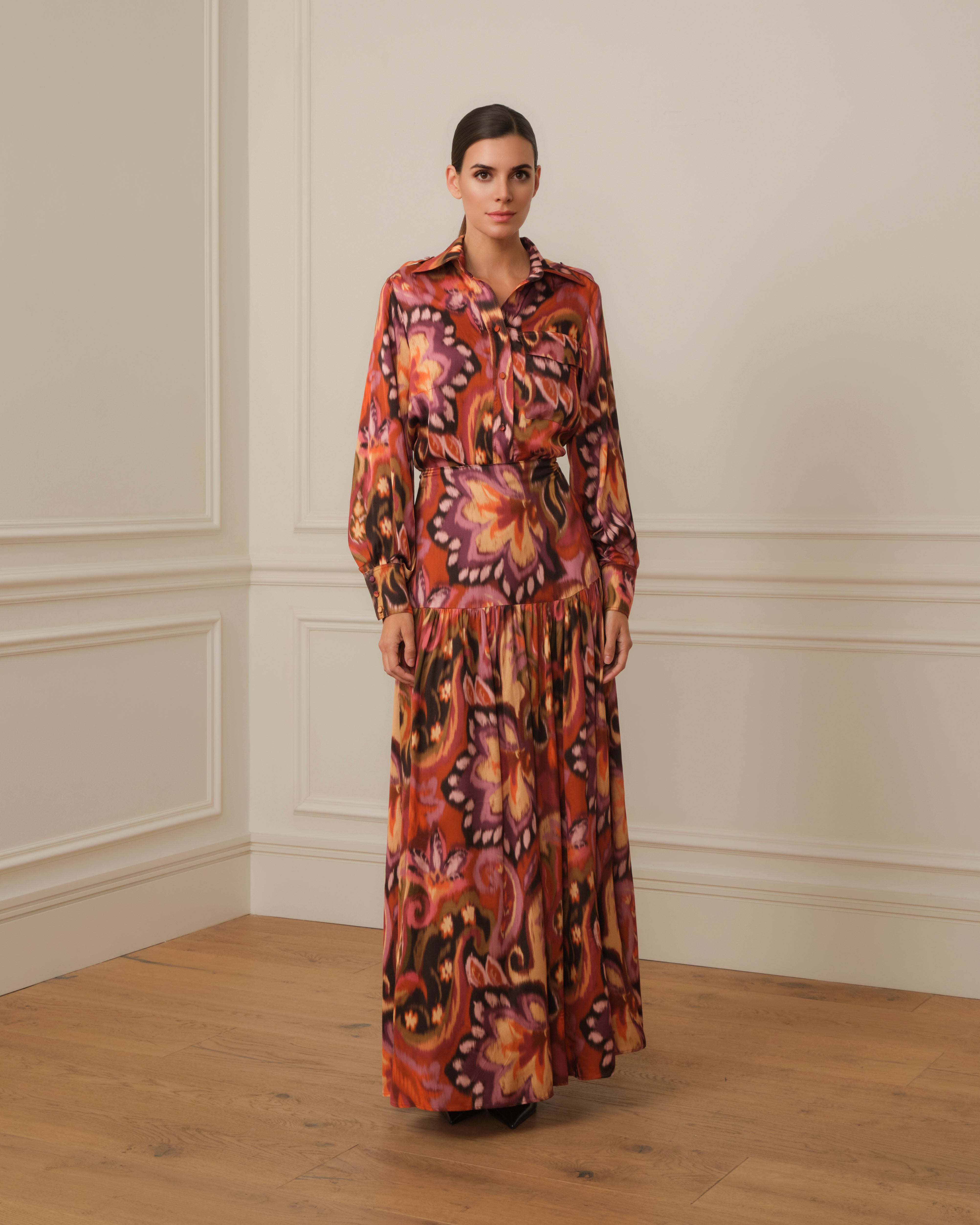 CAMISA MANGA ABULLONADA CON ESTAMPADO IKAT