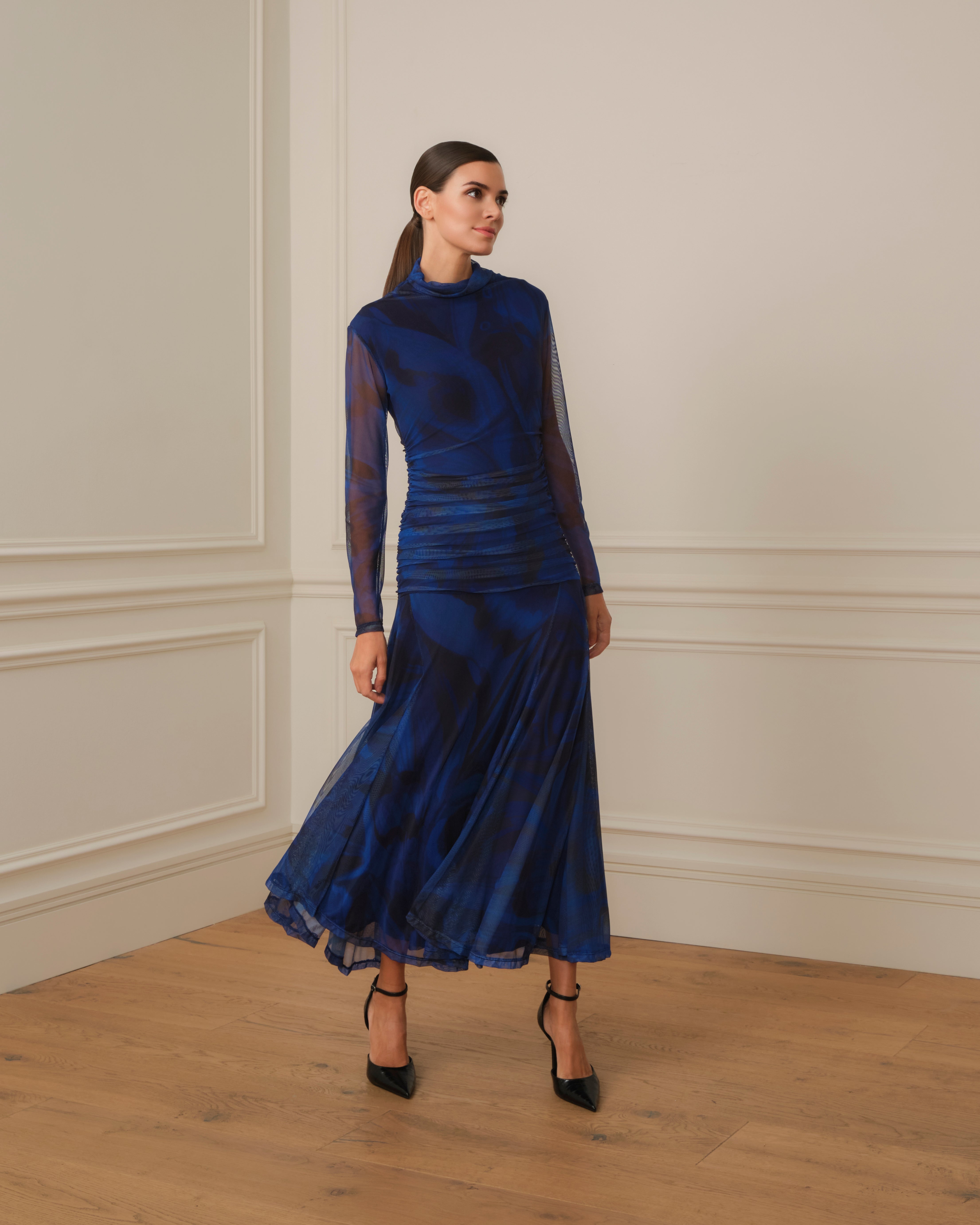 VESTIDO MANGA LARGA DRAPEADO AZUL