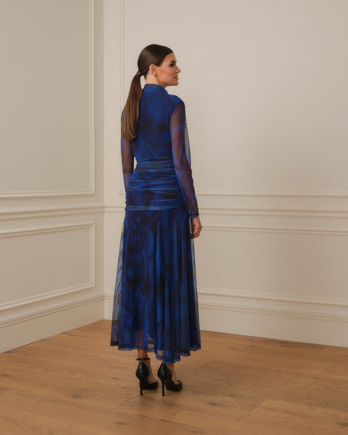 VESTIDO MANGA LARGA DRAPEADO AZUL