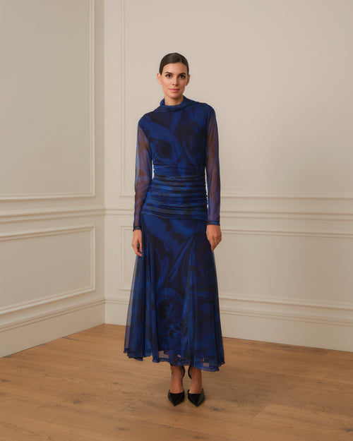 VESTIDO MANGA LARGA DRAPEADO AZUL