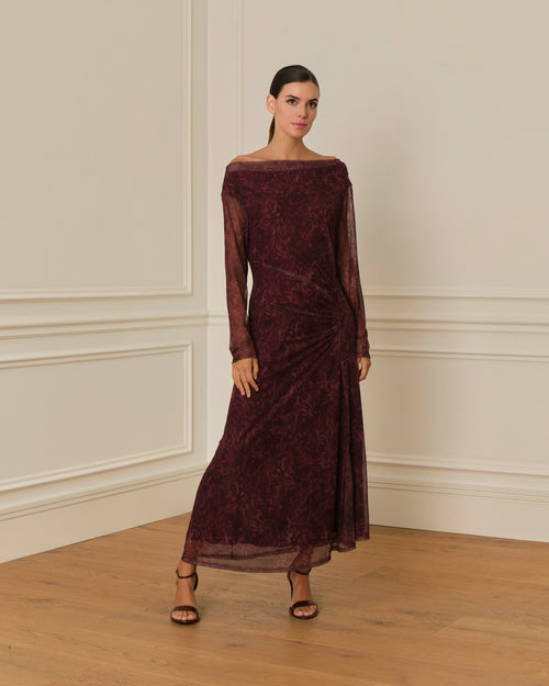 VESTIDO MANGA LARGA DRAPEADO CON ESTAMPADO MORADO