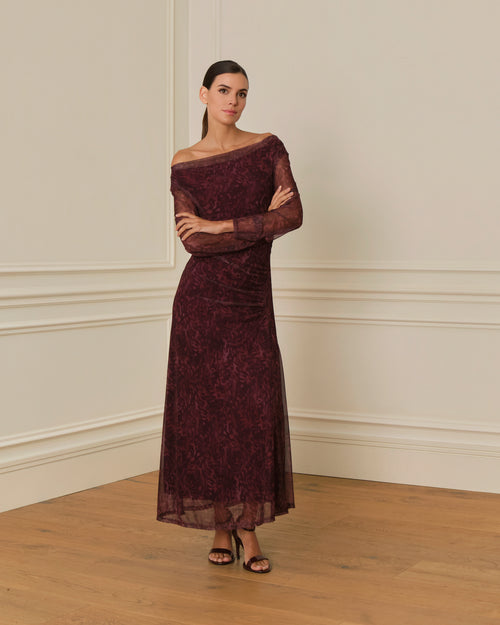 VESTIDO MANGA LARGA DRAPEADO CON ESTAMPADO MORADO