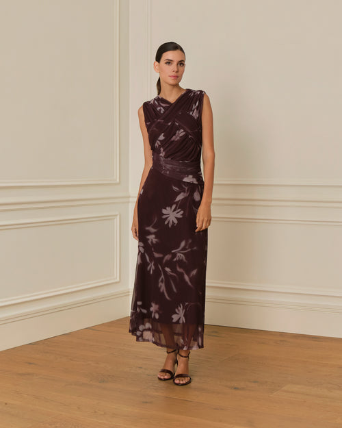 VESTIDO DRAPEADO DE TUL CON ESTAMPADO FLORAL BURDEOS
