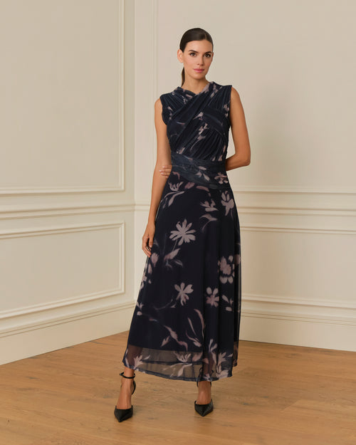 VESTIDO DRAPEADO DE TUL CON ESTAMPADO FLORAL AZUL MARINO