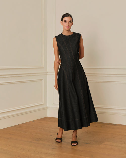 VESTIDO MIDI DENIM CON COSTURAS VISTAS NEGRO