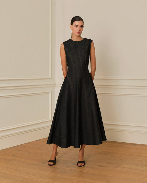 VESTIDO MIDI DENIM CON COSTURAS VISTAS NEGRO