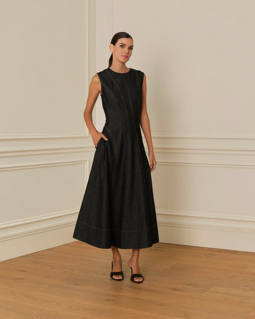 VESTIDO MIDI DENIM CON COSTURAS VISTAS NEGRO