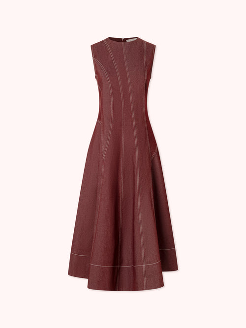 PREVENTA VESTIDO MIDI DENIM CON COSTURAS VISTAS GRANATE