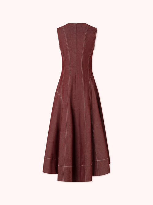 VESTIDO MIDI DENIM CON COSTURAS VISTAS GRANATE